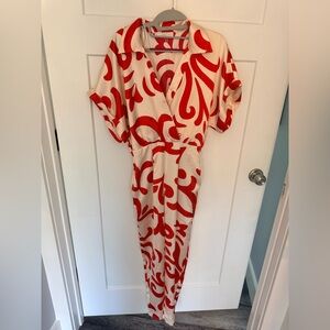 MNG Mango Red White Abstract Print Jumpsuit Collared Wrap Style XS